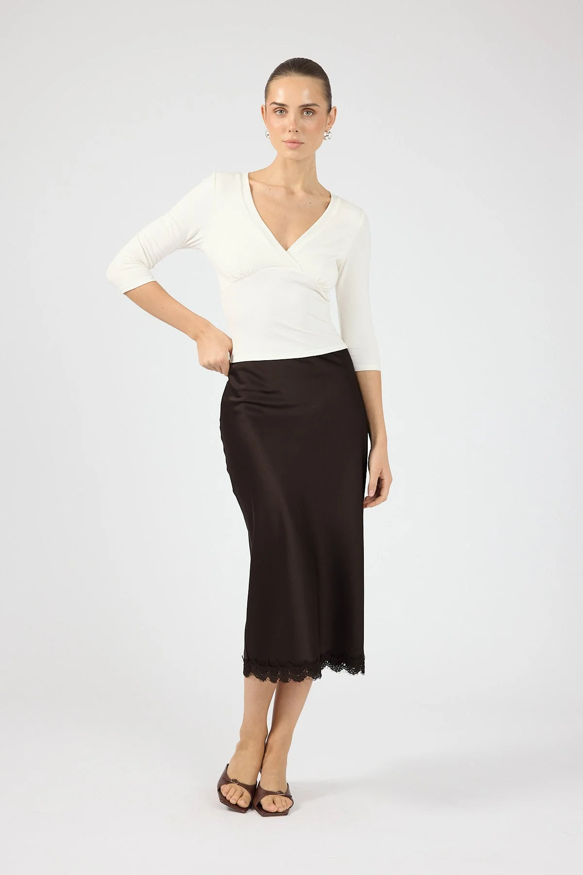 Satin Lace Midi Skirt Brown