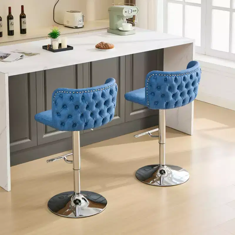 MAYEERTY Swivel Barstools - Adjustable Seat Height, Chrome Base, PU Upholstery, Full Tufted Back, Blue, Set of 2