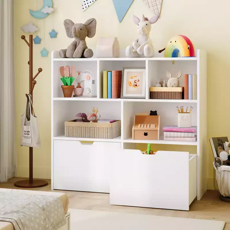 COZONY Kids Storage Organizer, Bookshelf with 5 Cubbies & 2 Drawers, Chest for Playroom, Bedroom, Hallway, Classroom, or Nursery