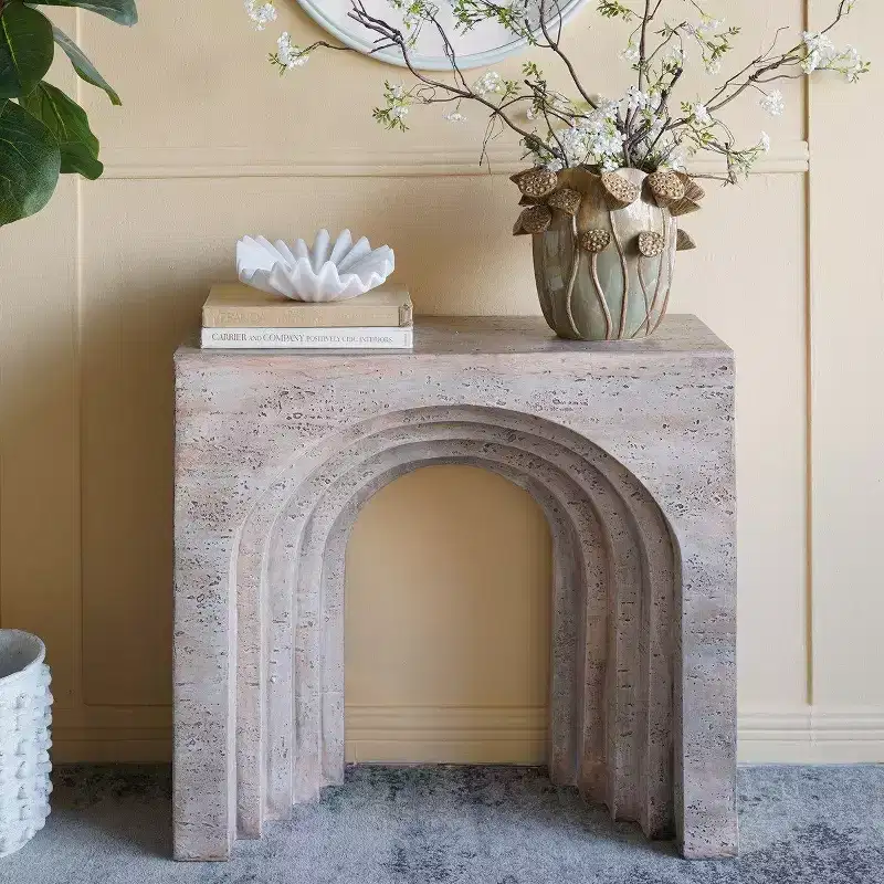 GDFStudio Jungkook Modern Lightweight Concrete Arched Sculptural Console Table with Faux Travertine Finish