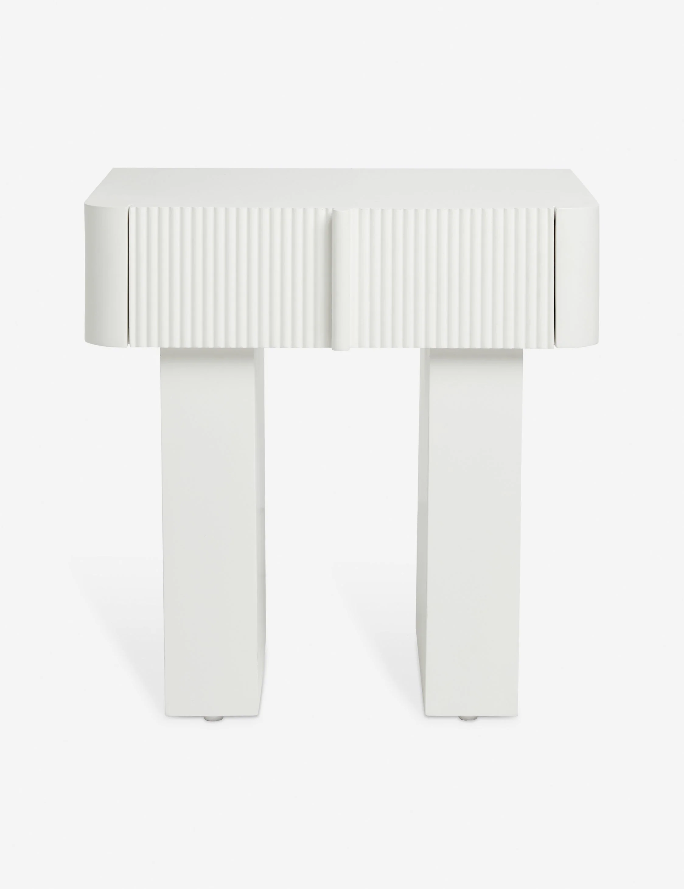 Nightstand Storage The nightstand features a deco-inspired woodwork construction that pairs crisp, curving lines with ridged detailing and