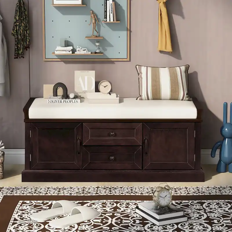 Entryway Storage Bench with 2 Drawers & 2 Cabinets – White / Navy / Espresso / Gray / Black, Velvet Cushion