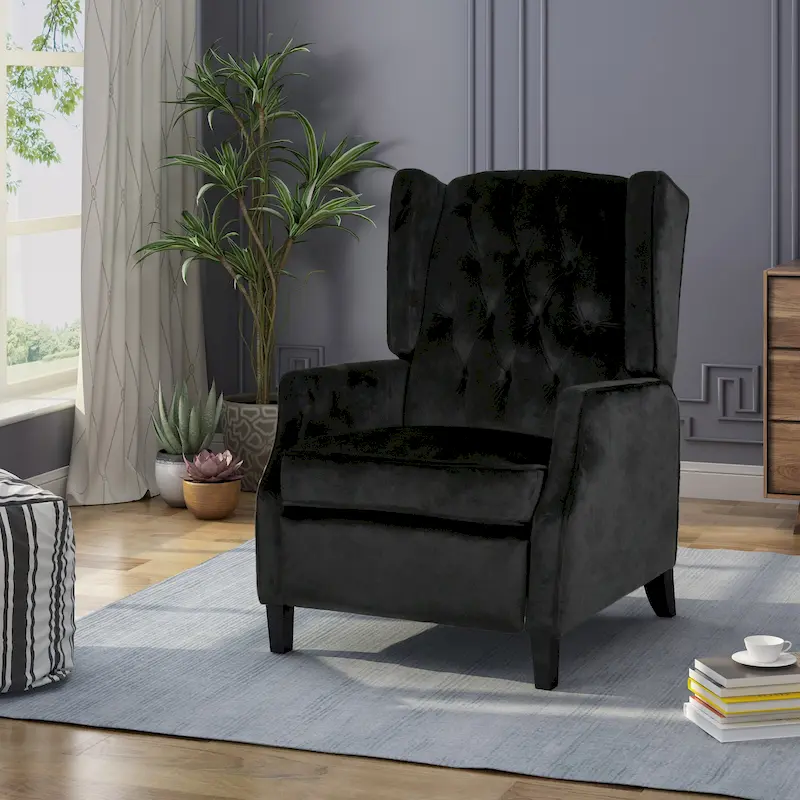Black Velvet Mid-Century Wingback Push-Back Recliner with Footrest, Button-tufted Back
