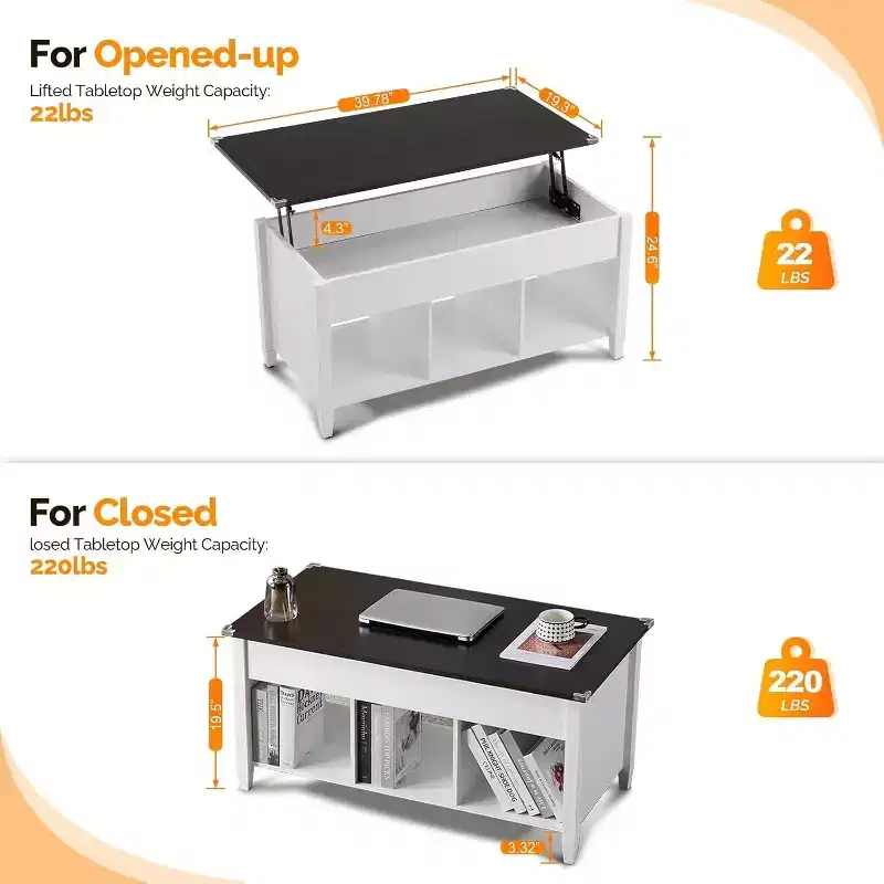 Summit Adventure White Lift-Top Coffee Table - Storage Shelf & Hidden Compartment - Pneumatic Lift Mechanism for Living Room