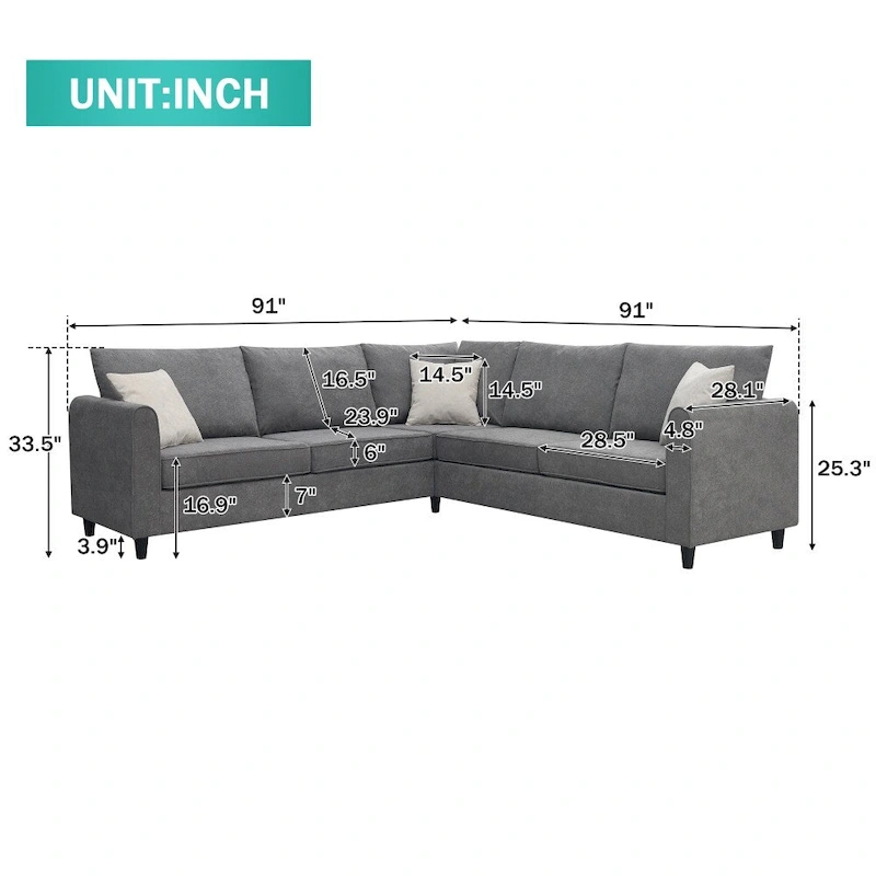 Modern 3-Piece Sectional Sofa, L Shape Upholstered Couch with 3 Pillows