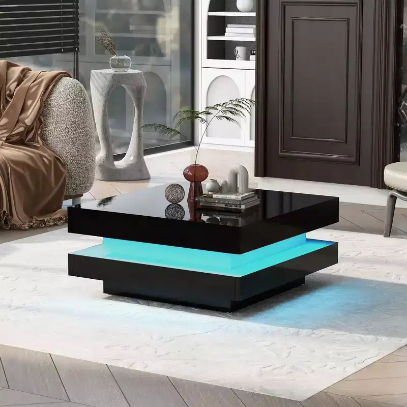 High Gloss LED Coffee Table, 2-Tier Square Center Table for Living Room, Black