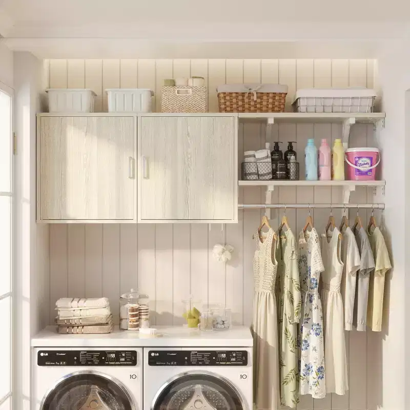 Besiost Laundry Room Organizer Cabinet with Hanging Rods, Adjustable Shelves, Clothes Rack with Doors