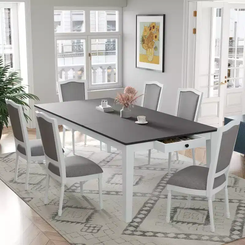 Rustic Extendable Dining Table Set for 6, 7 Pieces Rectangle Dining Table with 6 Upholstered Chairs, Kitchen Table Set with 2 Drawers