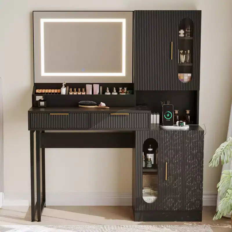 Fluted Vanity Desk with LED Mirror, Drawers and Cabinets