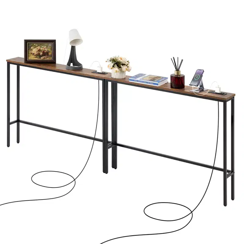 Narrow Console Table, 2 Pack Behind Couch Table with Power Outlets, 1-Tier Long Entryway Table, Narrow Sofa Table with Metal Frame, Black