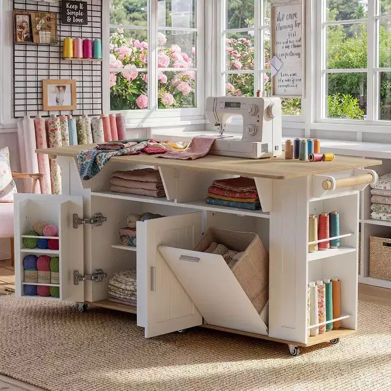 Famapy 63 Large Sewing Craft Workstation with Lockable wheels,Drop-Leaf Extensions,White Oak Craft Table for Sewing,Quilting & Fabric Arts