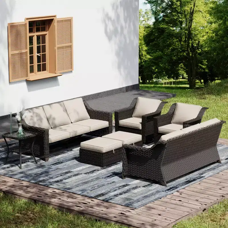 UPTIOT Outdoor Premium Set: Two 3-Seater Sofas, Rocking Chairs, Ottomans & Side Table