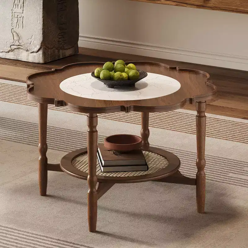 Whisen Petal Shaped Mid Century Coffee Table with Crackle Glass Top and 2-Tiered Rattan Storage Shelf - Walnut