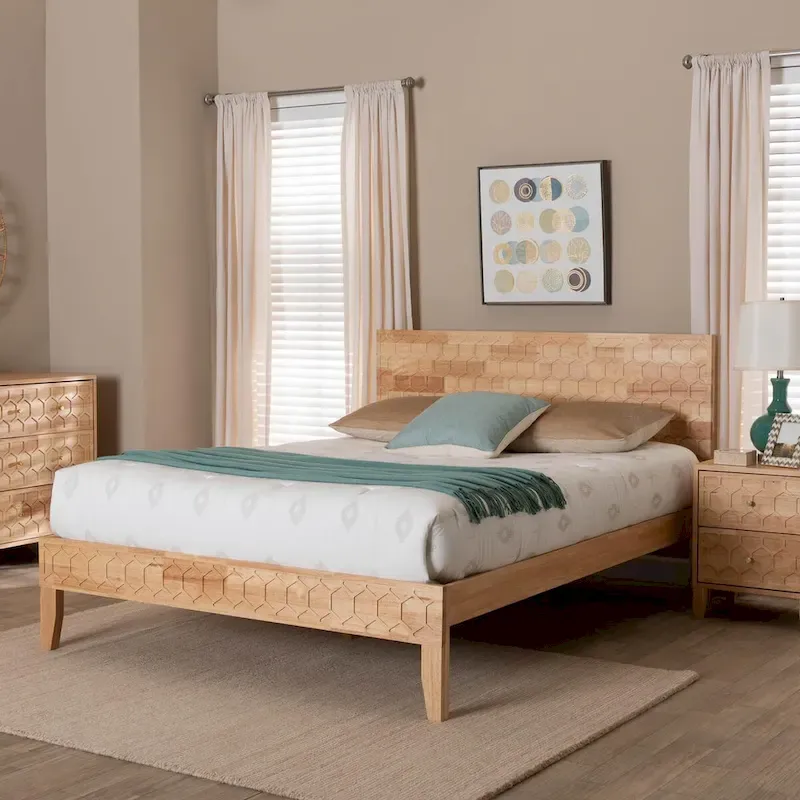Carved Honeycomb Platform Bed – Natural Wood