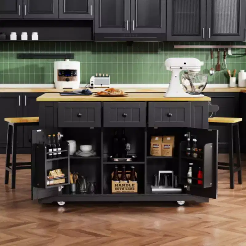 53 inch White Large Kitchen Island with Drop Leaf, Rolling Kitchen Cart on 5 Wheels with 5 Open Side Racks for Kitchen Dining Room