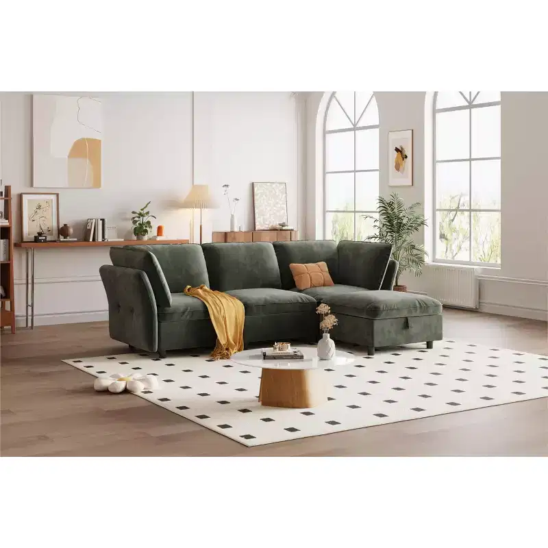 Sofa, Modular Mid-Seat Chair with Ottoman without Armrests  Velvet Deep Seat Decorative Pillows