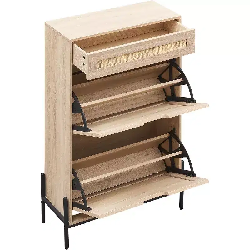 Farmhouse Rattan Shoe Cabinet - 3-Tier Slim Wooden Shoe Rack with 3 Drawers & Adjustable Shelves