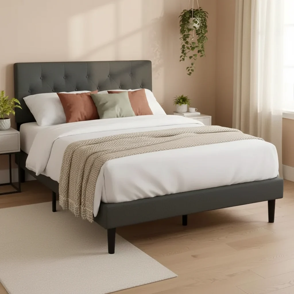 Twin Upholstered Platform Bed with Wood Slat Support