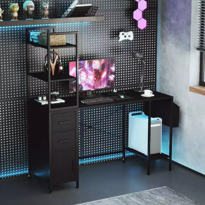 Costway Office Desk with LED Lights & Power Outlets Open Shelves 2 Drawers Cabinet