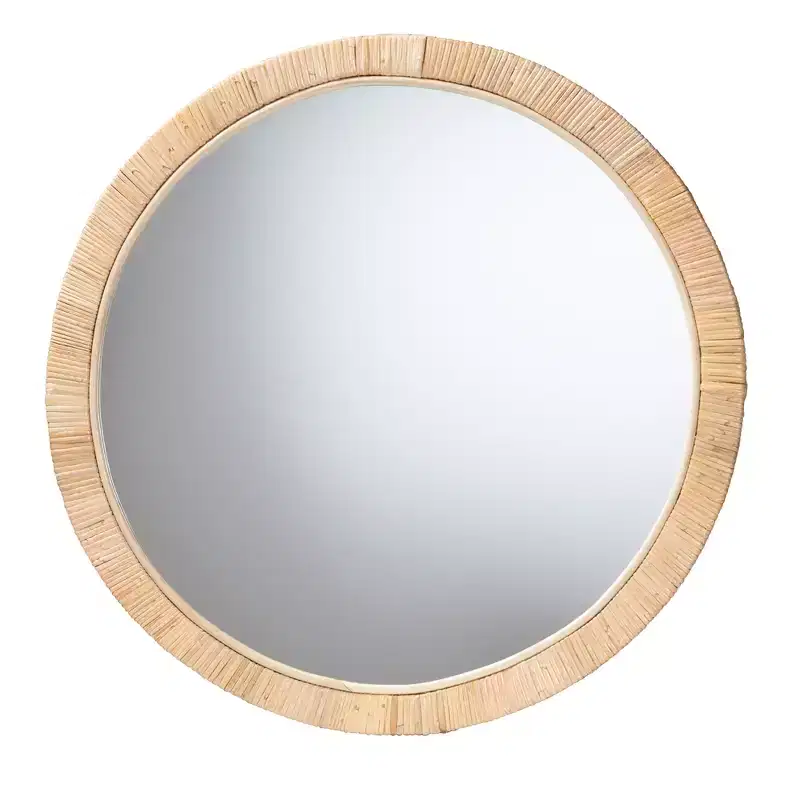 bali & pari Bella Modern Bohemian Natural Brown Mahognay Wood and Natural Rattan Round Mirror