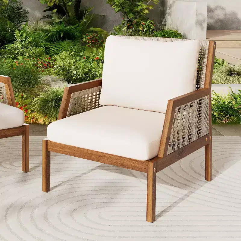 Acacia Wood Outdoor Wicker Club Chair, Woven Accent Chair Armchair with Cushions, Patio Lounge Chair for Porch, Garden & Balcony, Brown - ModernLuxe