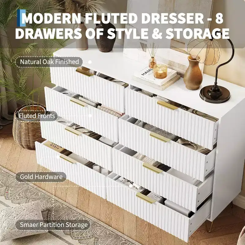8-Drawer Fluted Wooden Dresser with Metal Handles