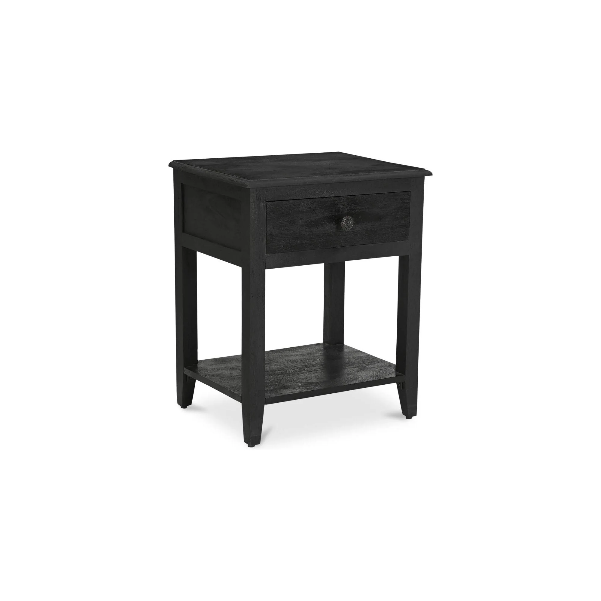 Vintage Solid Mango Wood Nightstand with Flower-Detail Pull & Dual Drawers for Bedroom