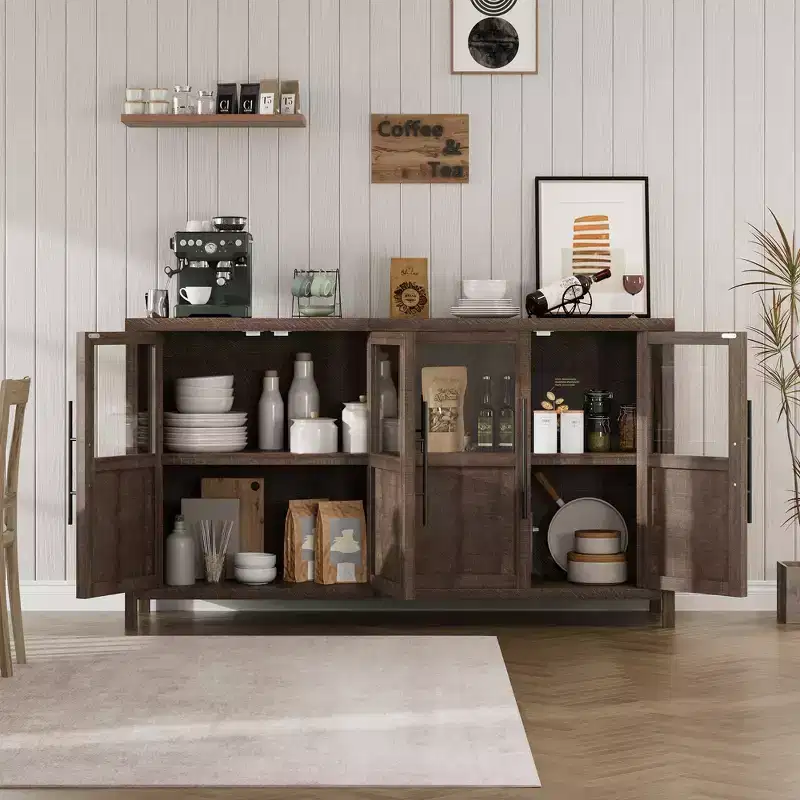 COZONY 55 Sideboard Buffet Cabinet with Glass Doors, 4 Door Storage Accent Cabinet for Kitchen Dining Room or Living Room