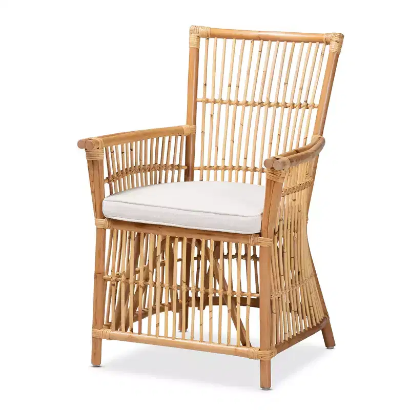 Modern Bohemian Natural Rattan Upholstered Armchair with Cushioned Seat