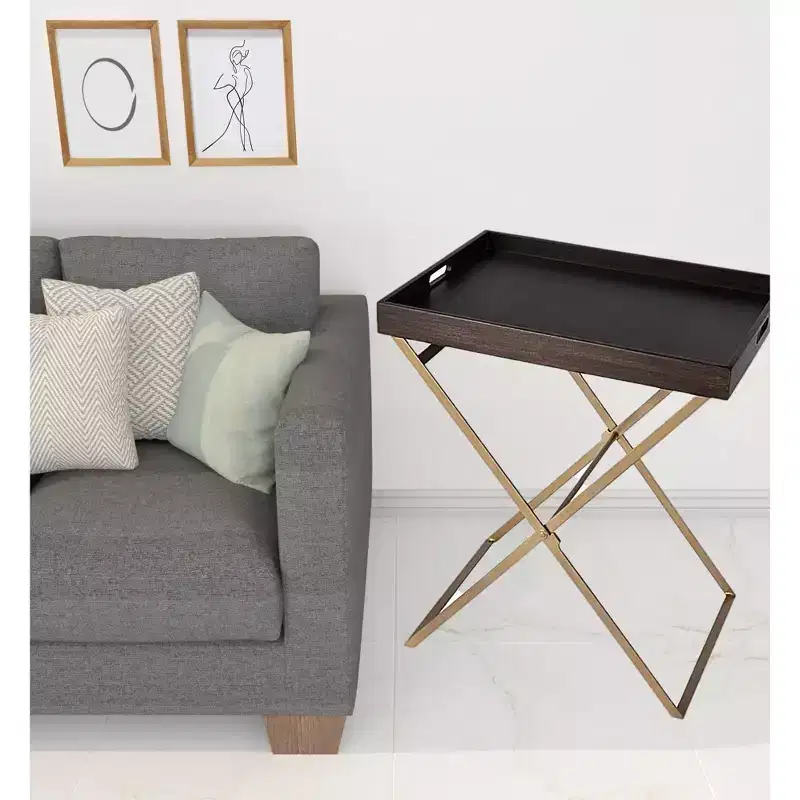 27 Gold And Walnut Solid Wood Rectangular End Table