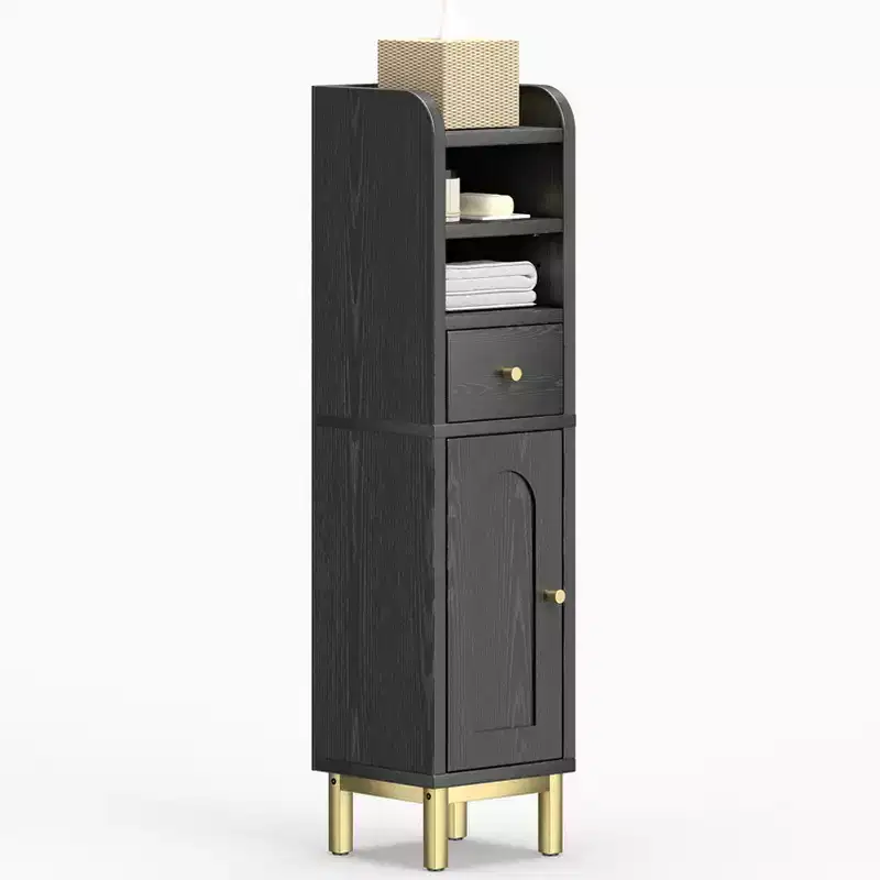 Bathroom Storage Cabinet, Modern Corner Floor Cabinet with Drawer, Door and Adjustable Shelf, Black