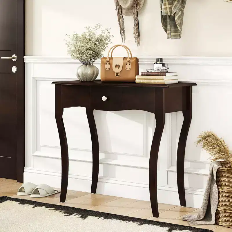 Costway Console Table w/ Drawer Solid Wood Frame Metal Drawer Guide Rails for Entrance