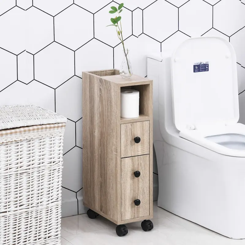 Freestanding Compact Design Bathroom Cabinet with 2 Open Cabinets, 1 Door Cabinet, 1 Drawer and 4 Rolling Wheels