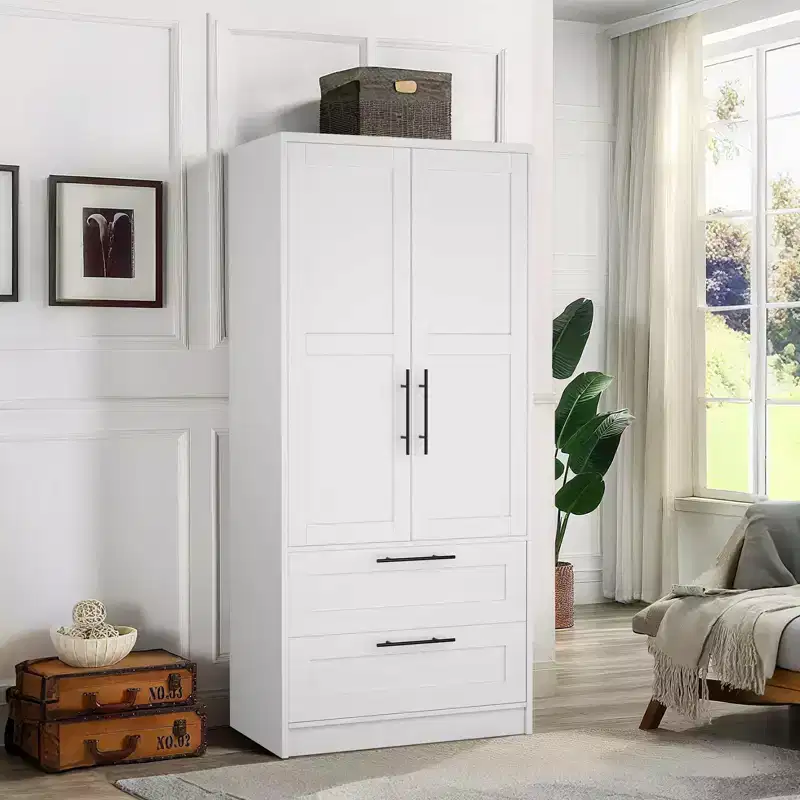 Wooden Armoire Wardrobe with 2 Drawers, Freestanding Closet Cabinet with Shelves, White