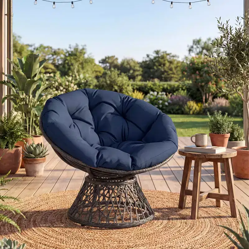 Gymax 360-DegreeSwivel Papasan Chair Round Wicker Lounge Chair w/Thick Cushion&Metal Frame