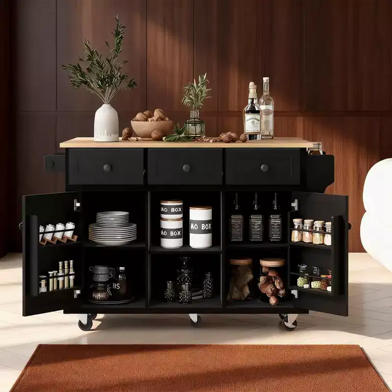 Kitchen Cart with Rubberwood Drop-Leaf Countertop, Rolling Kitchen Island with Storage Cabinet, Internal Door Racks & 3 Drawers, Black