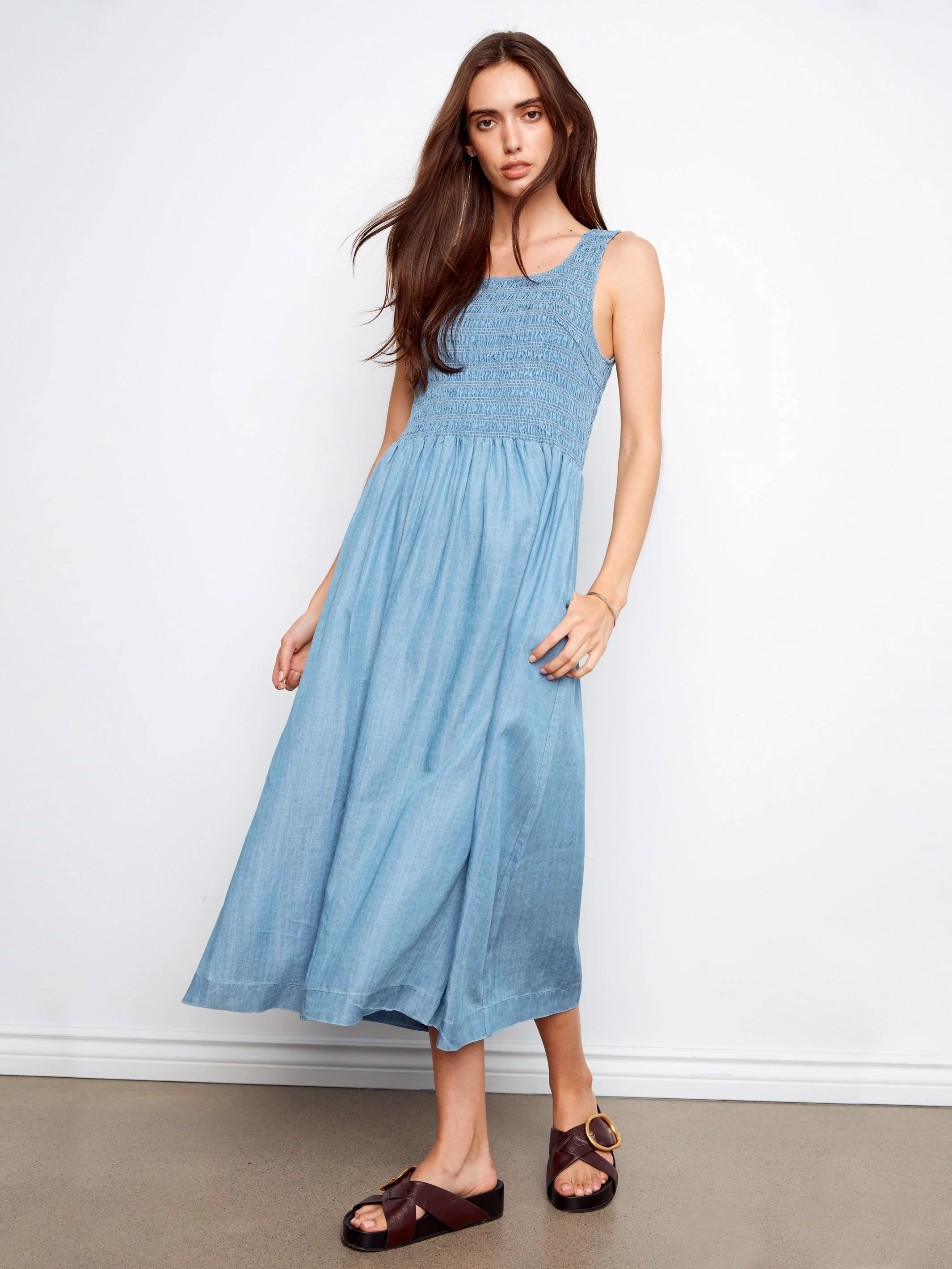 Soft Fabric Sleeveless Smocked Maxi Dress - Soft Blue