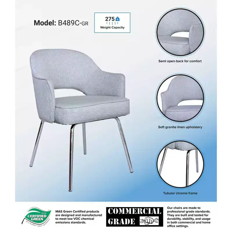 Mid-Century Modern Guest Chair Gray Linen, Chrome Base, 275 lb Capacity