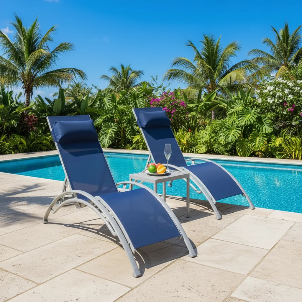 Blue Adjustable Aluminum Outdoor Lounge Chair Set for 2 with Side Table