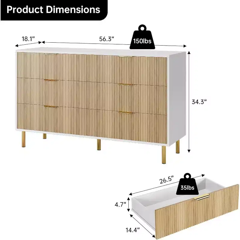 6 Drawer Dresser for Bedroom, Modern Wood Storage Dresser Organizer, with Gold Metal Handles & Anti-Tipping Device, for Living Room