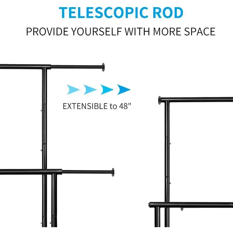 Double Rod Rolling Clothes Rack with Adjustable Width, Locking Wheels and Bottom Shelf