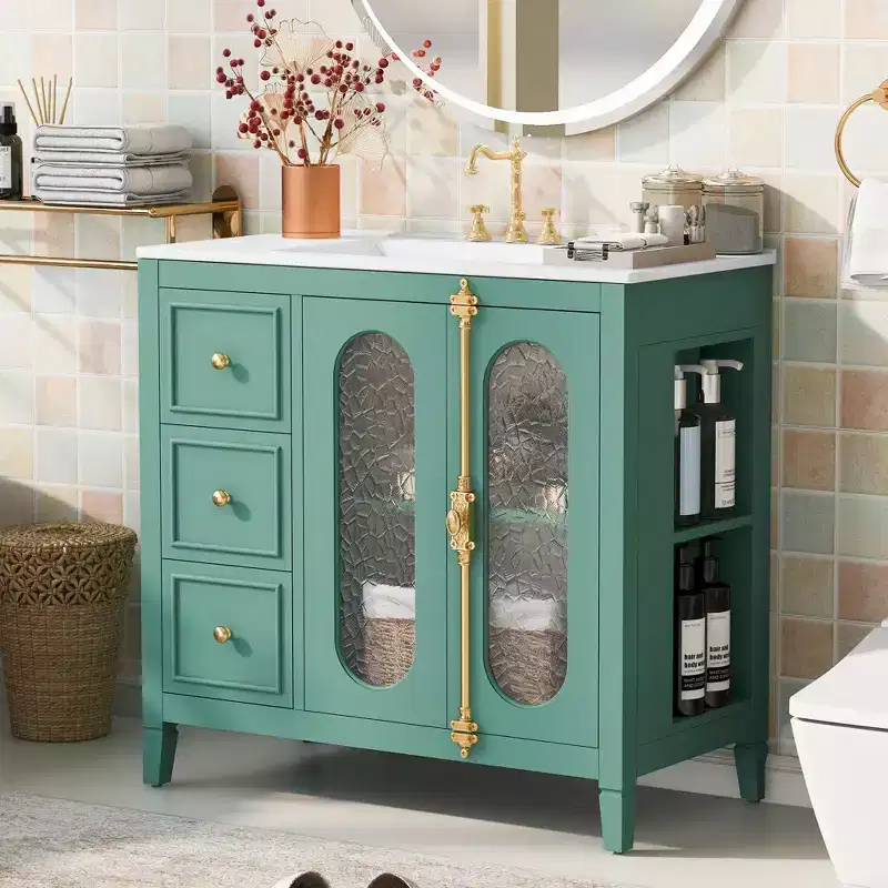 Bathroom Vanity with Sink Top, Undermount Bathroom Sink Cabinet with 2 Soft Closing Doors and 3 Storage Drawers, Wooden Vanity Cabinet