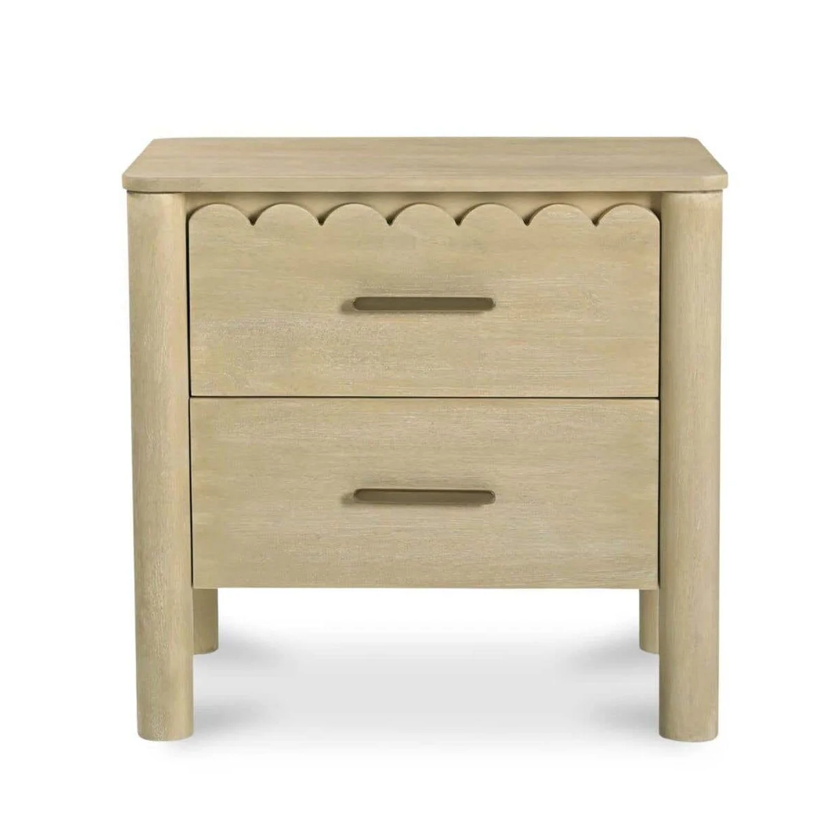 Shaker-Inspired Mango Wood Nightstand with Scalloped Edge & Heavy Brass Handles for Bedroom