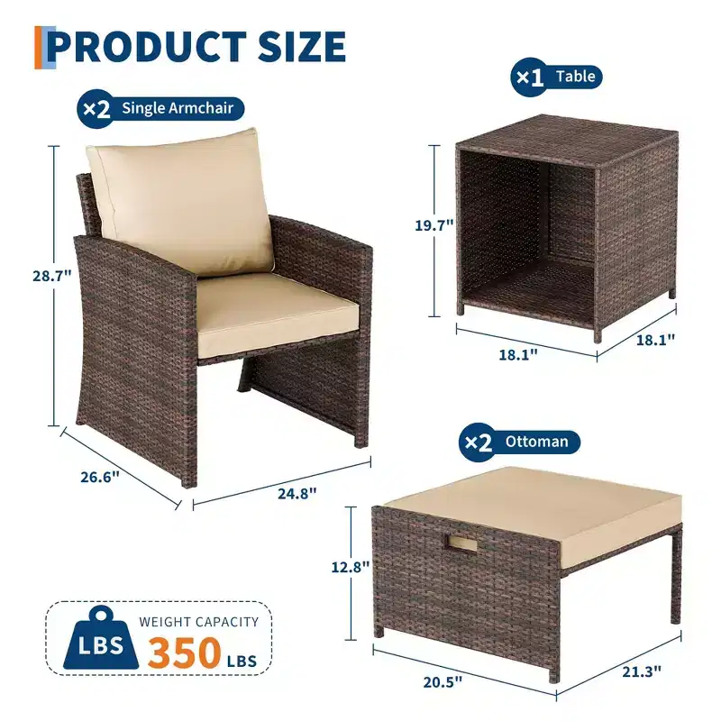 5-Piece High Back Patio Conversation Set with 2 Ottomans and Table, All-Weather PE Rattan Lounge Chairs with Soft Cushions, Perfect for Balcony, Porch