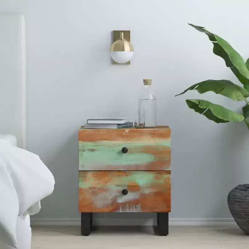 Industrial Bedside Cabinet with Reclaimed Wood & Iron Legs, Multicolour