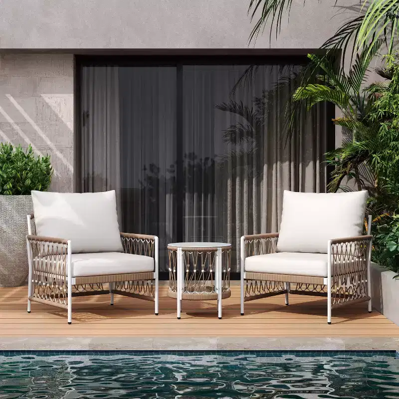 Christopher Knight Home Delphine Bohemian 3 Piece Patio Handwoven Rope Seating Set with Glass Top Side Table