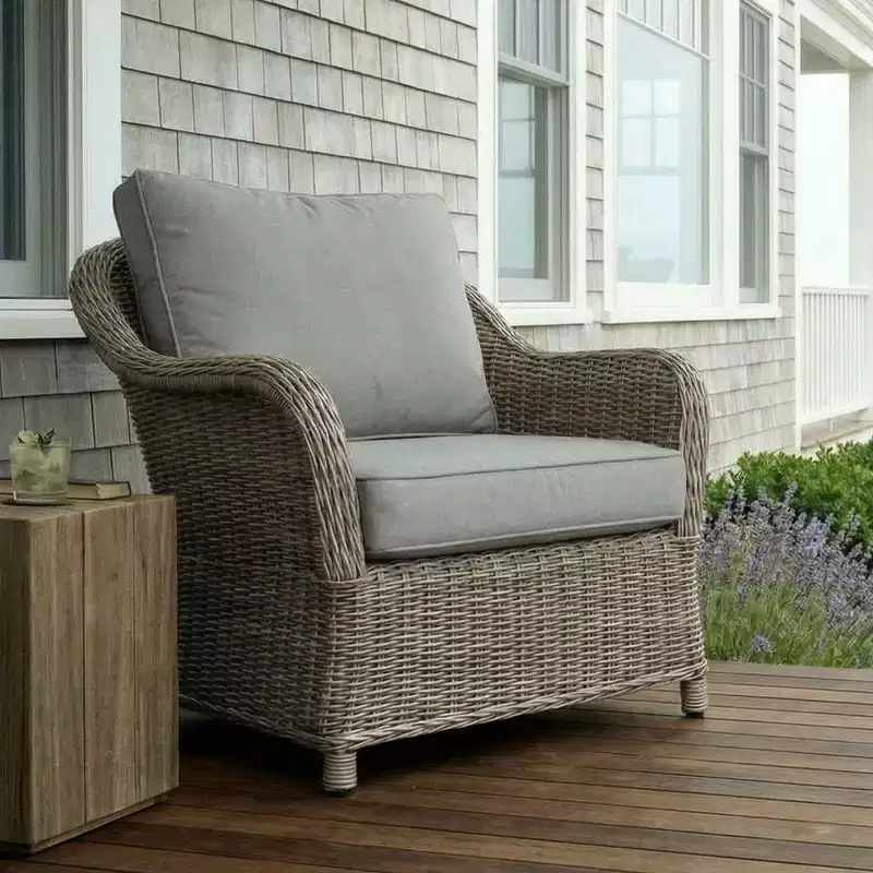 Martha Stewart Lily Pond Indoor-Outdoor Patio Club Chair in Weathered Gray Rattan Wicker with Gray All-Weather Cushions