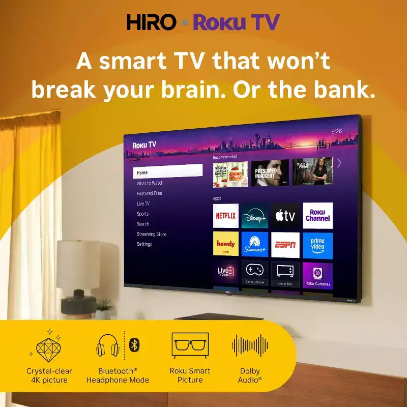 Hiro 4K HDR Smart TV Flat Screen LED Television with Roku TV and Dolby Audio Streaming