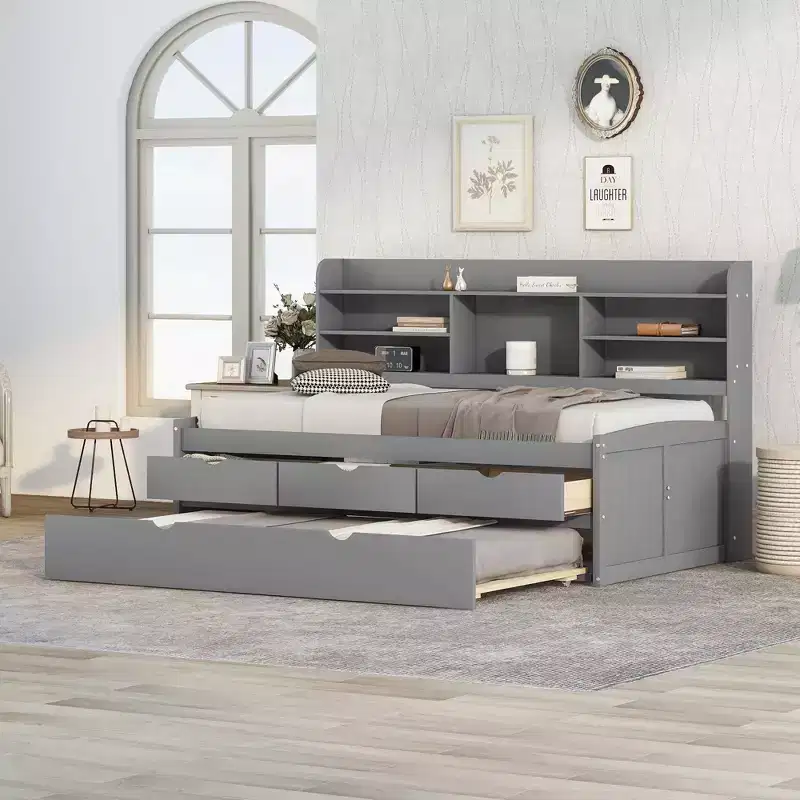 FAMYYT Twin Size Wooden Captain Bed?With Built-in Bookshelves, Three Storage Drawers and Trundle, Easy Assembly
