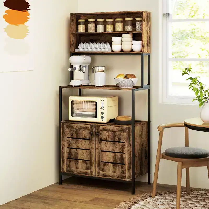 Baker's Rack with Power Outlet, Coffee Bar Cabinet with Storage Shelves, Microwave Stand with Louvred Door Cabinets, Rustic Brown